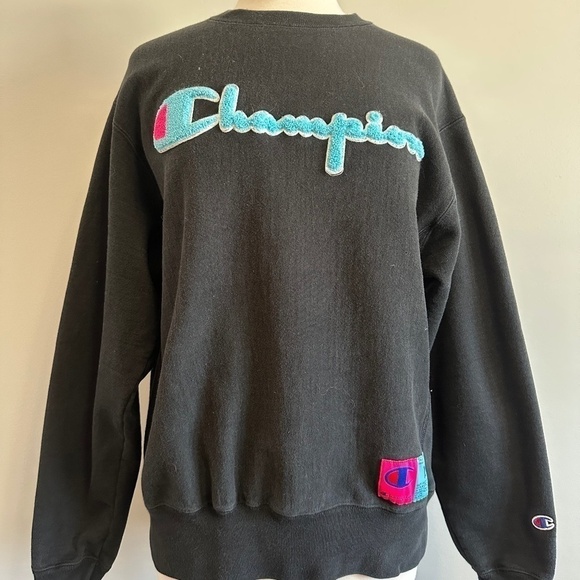 Champion Tops - Champion Black Reverse Weave Crewneck Sweatshirt Spellout Logo MED Blue Pink